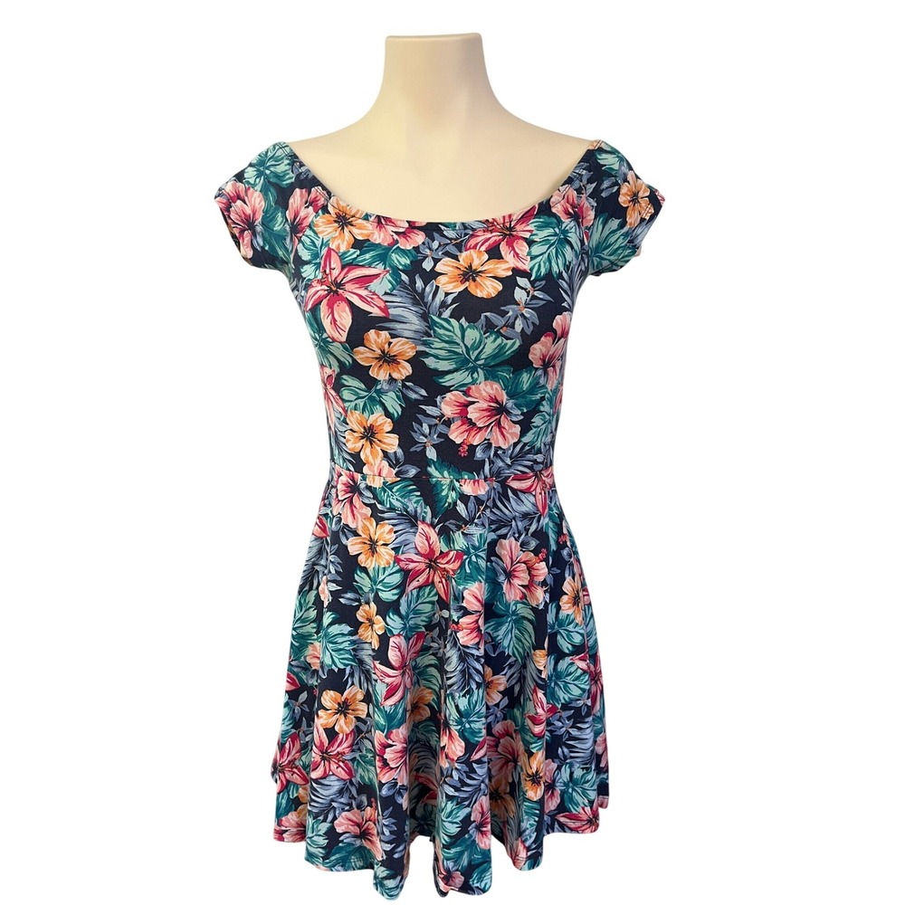 New Look Navy Tropical Floral Hibiscus Skater Dress Size 10 Short Sleeve Mini